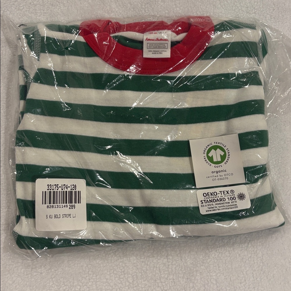 NWT Hanna Andersson Green and White Striped Shirt with Red Collar